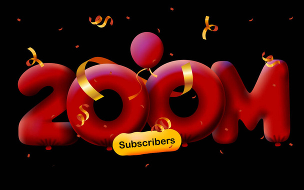 Banner com 200M seguidores obrigado em forma de balões 3d e confete colorido. Ilustração vetorial Números 3d para mídias sociais 200000000 seguidores, conceito de blogueiro celebrando assinantes - Foto, Imagem