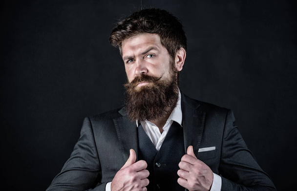 Perfect design. Businessman in suit. Male formal fashion. Stylish PR-specialist. brutal caucasian hipster with moustache. Mature hipster with beard. PR-specialist. Bearded man PR-specialist - Zdjęcie, obraz