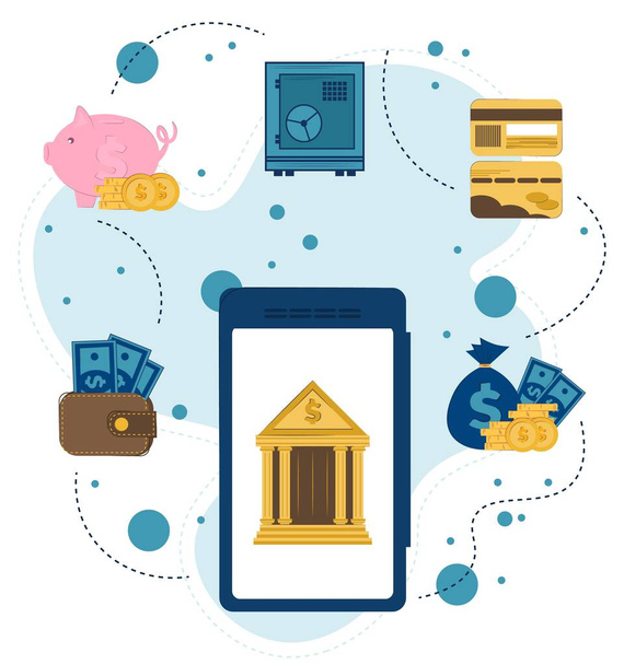 vector illustration on the theme of mobile banking. Cash transactions, business, payments, bank in a mobile phone. - Vector, Image