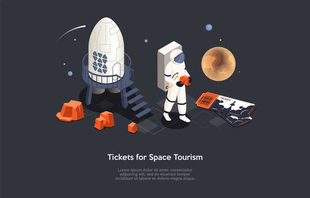 Διαστημικός Τουρισμός, Εισιτήρια για Φουτουριστικό Κοσμικό Ταξίδι και Αστροναύτης Προμήθειες Εννοιολογική Εικονογράφηση. Ισομετρική σύνθεση διάνυσμα με χαρακτήρες και αντικείμενα, κινούμενα σχέδια 3D στυλ. Ρόκετ, Διαστημάνθρωπε. - Διάνυσμα, εικόνα