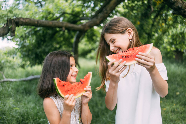 Pretty kids enjoying sweet watermelon at green garden - Photo, Image