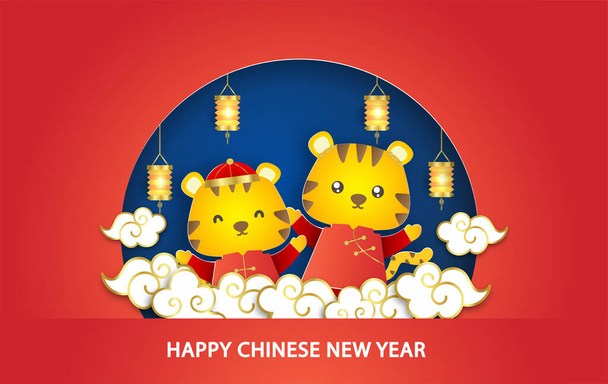 Chinesisches Neujahr 2022 Jahr der Tiger-Grußkarte im Scherenschnitt-Stil - Vektor, Bild