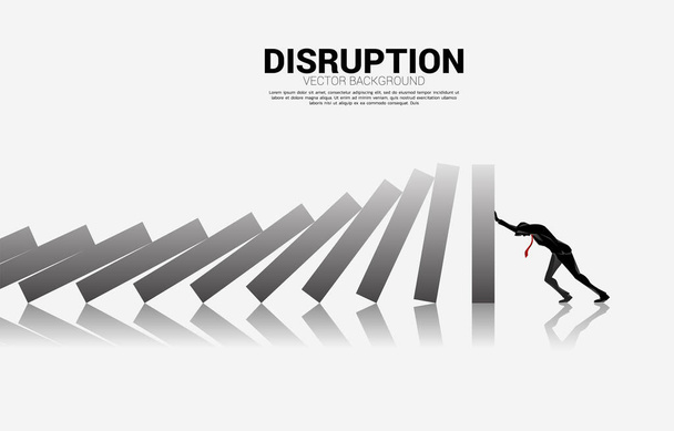 Silhouette of businessman pushing for stop falling of domino. business concept of try to stop the domino effect - Vector, Image