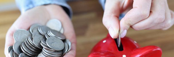 Mince jsou hozeny do červené prasečí banky - Fotografie, Obrázek