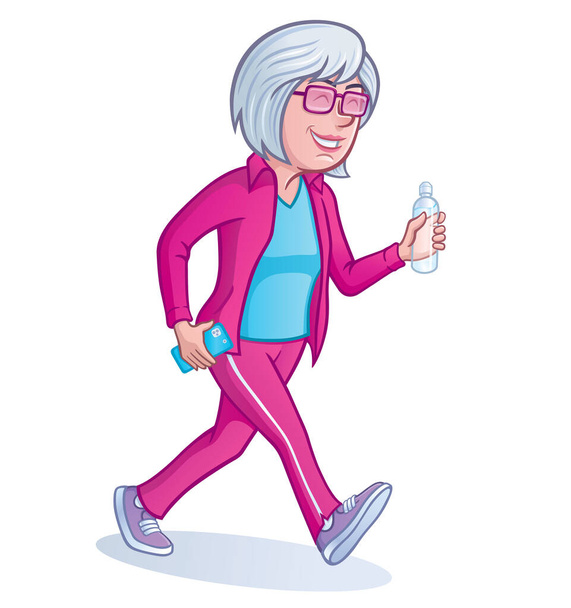 Mujer madura sonriente con traje de entrenamiento es caminar para hacer ejercicio mientras lleva una botella de agua y su teléfono celular. - Foto, Imagen