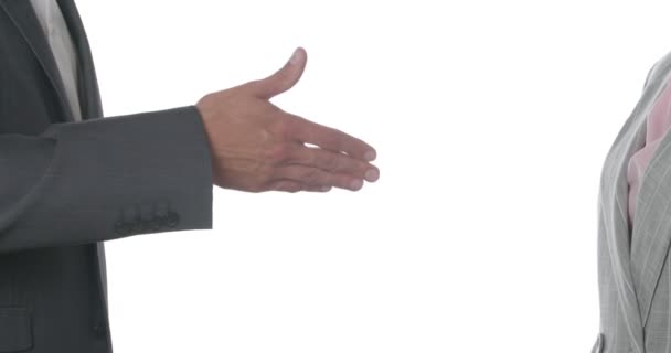 Businesswoman refusing to shake hands with colleague and they bumping fists instead on white background - Video