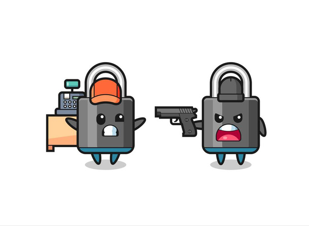 illustration of the cute padlock as a cashier is pointed a gun by a robber , cute style design for t shirt, sticker, logo element - Vector, Image