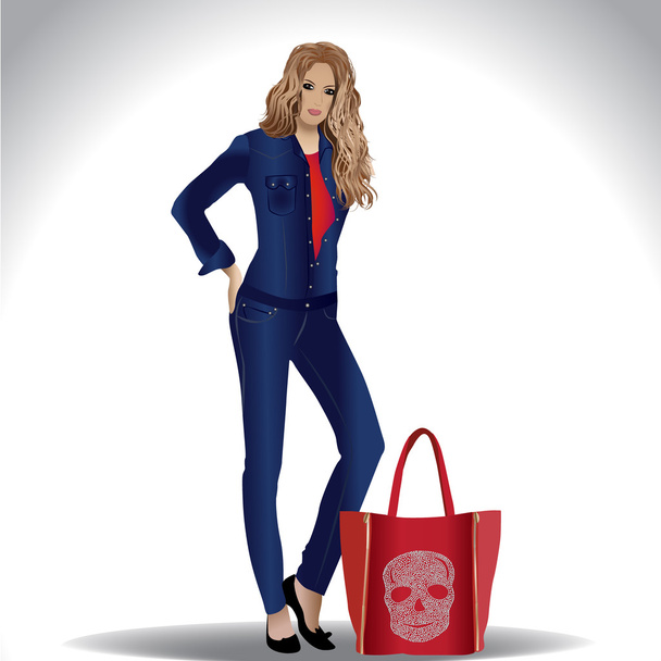 Fille élégante en jeans vêtements avec sac rouge avec crâne
 - Vecteur, image