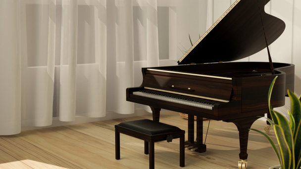 Modern oturma odasında büyük piyano. Hafif meşe zemin, perde ve bitki, müzik aleti, 3D çizim, 3D illüstrasyon. - Fotoğraf, Görsel