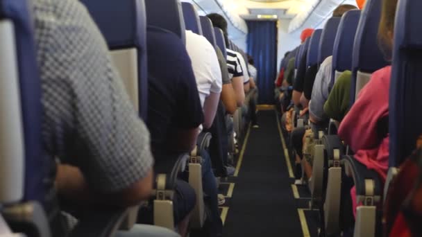 Onherkenbare passagiers op stoelen in het interieur van het vliegtuig - Video