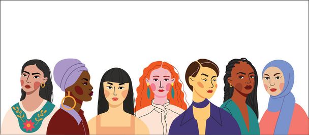 Multi-ethnic women. A group of beautiful women with different beauty, hair and skin color. The concept of women, femininity, diversity, independence and equality. Vector illustration. stock illustration - Photo, Image