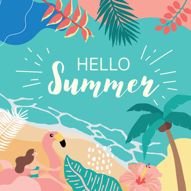 Summer background with coconut tree, sea ,people on the beach - Vector, Image
