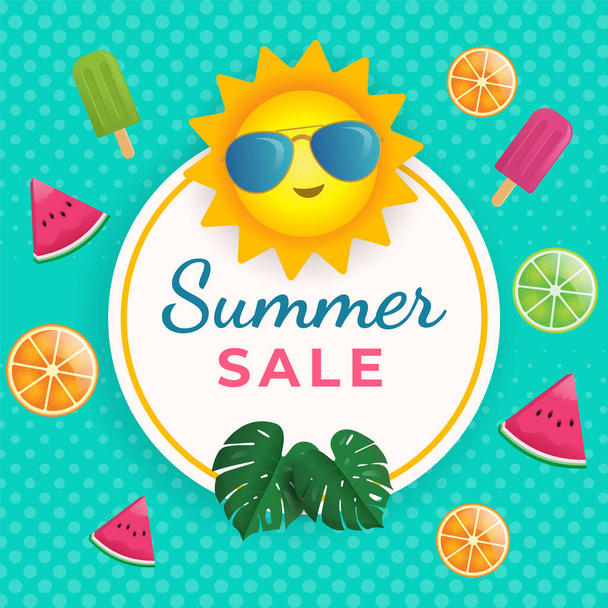 venta de verano - sandía, limón, paleta y hojas - sol y vidrio solar - fondo verde - vector - Vector, imagen