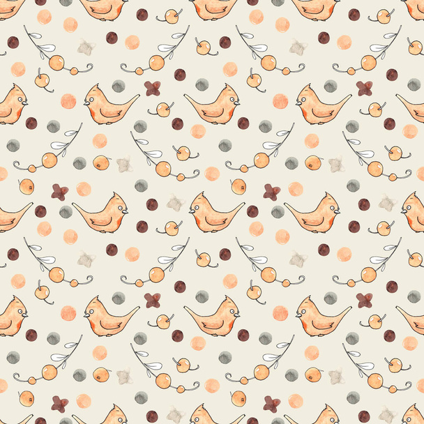 Cute seamless pattern with Christmas illustrations. Cute and funny cartoon characters: snowmans, birds, gift boxes. Watercolor illustration for wrapping paper, textile, decorations. - Foto, afbeelding