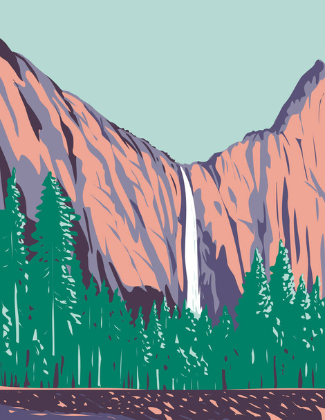 ブライダルベールのWPAポスターアートヨセミテ国立公園内のヨセミテ渓谷で最も有名な滝秋カリフォルニア米国は、作品プロジェクト管理スタイルまたは連邦アートプロジェクトスタイルで行われました. - ベクター画像