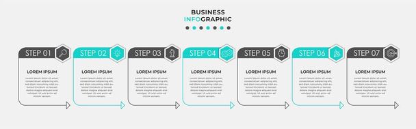 Vector Infographic design business template with icons and 7 options or steps. Może być stosowany do diagramu procesu, prezentacje, układ przepływu pracy, baner, schemat przepływu, wykres info - Wektor, obraz