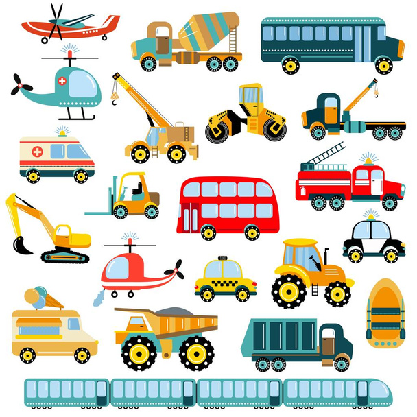 Big set of different vehicles. Illustration for children. Flat style. White background, isolate. Vector illustration. - Vector, Image