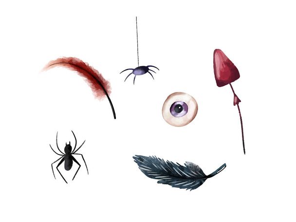 Happy Halloween design elements. Design elements, logos, badges, labels, icons and objects. Watercolor feathers, eyes, mushrooms. Halloween party with broom and witch hat - Vector, Image
