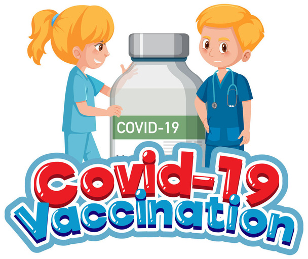 Covid-19 Vaccination font with doctor and covid-19 vaccine bottle illustration - ベクター画像