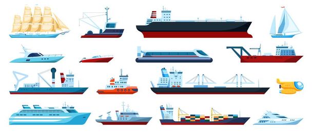 Transporte marítimo plano. Veleros, yates, cruceros, barcos pesqueros, submarinos. Buque de carga con contenedores de envío. Sistema vectorial de transporte marítimo - Vector, Imagen