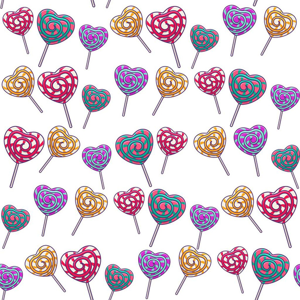 Lollipops naadloos patroon, zoet dessert voor kinderen. Snoep op een stokje. - Vector, afbeelding