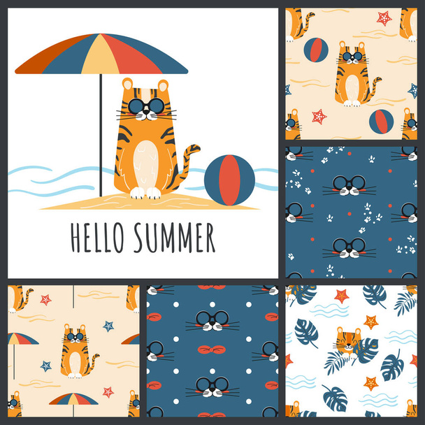 Letní dětský set s pohlednicemi a hladkými vzory. Roztomilý oranžový tygr na dovolené na pláži u moře. Cartoon vektorové ilustrace pro miminko, pokoj a další dekorace - Vektor, obrázek