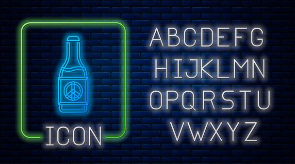 Glowing neon Beer bottle icon isolated on brick wall background. Neon light alphabet. Vector - Vector, Image