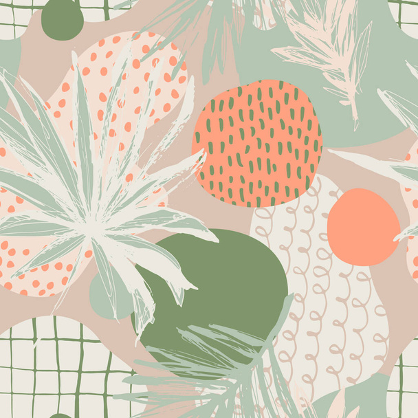 Grunge textured tropical leaves seamless pattern. Vector background with palm leaves, monstera plant and abstract geometric shapes. Hand drawn tropic illustration for summer design, prints, wallpaper - Vetor, Imagem