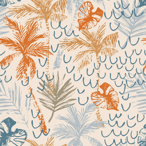 Beautiful abstract tropics seamless pattern. Grunge palm trees, tropical leaves on waved beige background. Exotic beach island and ocean concept for summer wallpaper design in vector hand drawn style. - ベクター画像
