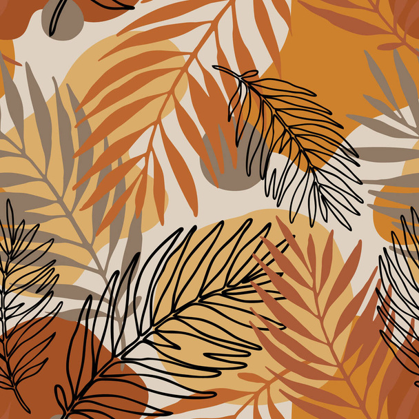 Abstract tropical foliage background. Exotic seamless pattern: line art palm leaves silhouettes, geometric shapes. Jungle vector art. Hand drawn illustration for summer design, beach fabric, wallpaper - Vettoriali, immagini