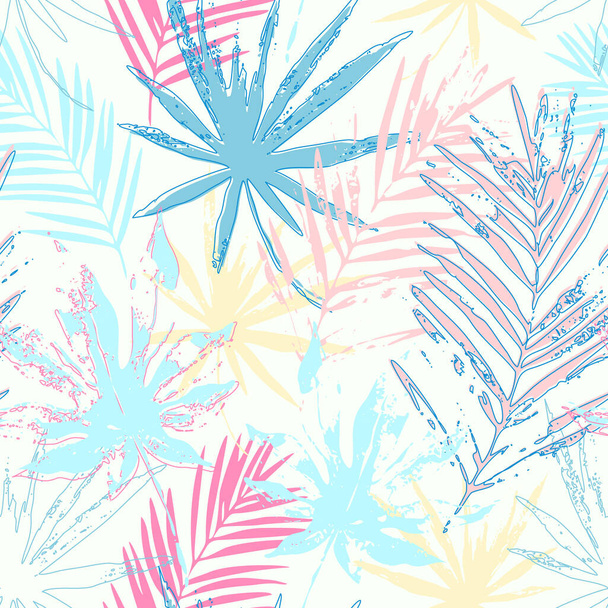 Abstract tropical leaves seamless pattern. Palm tree leaf, monstera plant silhouettes, line doodle art background. Tropics paradise vector illustration for summer fashion, swimwear, textile, wallpaper - Vector, Image