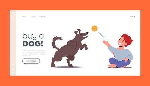 Boy Playing with Dog Landing Page Template. Baby Play with Pet Throw Ball. Kid Spend Time with Fluffy Friend - Vector, Image
