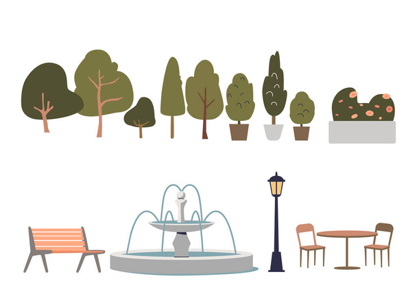 Елементи міського парку, встановлені з деревами, кущами, квітами, лавками, факелом та фонтаном
 - Вектор, зображення