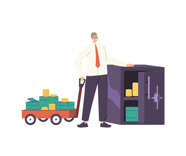 Businessman Character with Money Wheelbarrow and Safe Full of Gold and Dollars. Business Growth, Wealth and Prosperity - Вектор, зображення