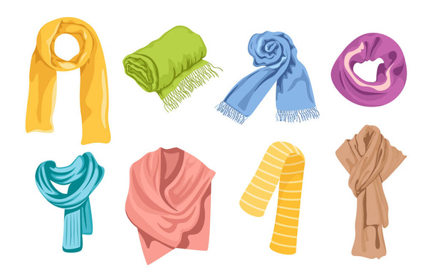 白い背景に隔離されたカラフルなスカーフのセット。寒冷な天候のための異なるカーチーフ、ショール、繊維アクセサリー - ベクター画像