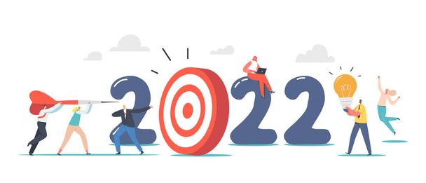Business Characters Throw Huge Darts into Target, 2022 New Year Goal Achievement Concept. Office Workers Career Boost - Vector, Image