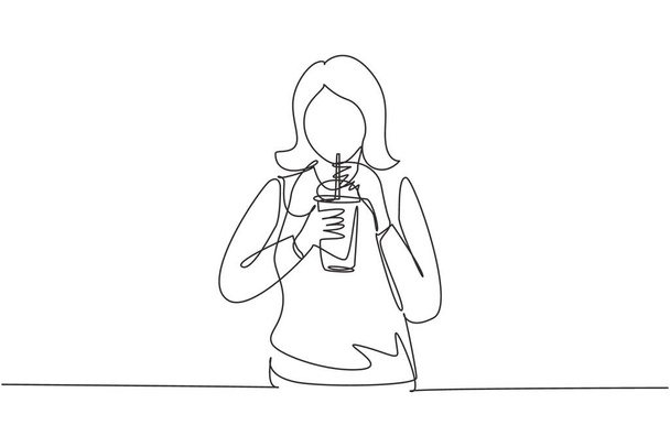 Single continuous line drawing beautiful woman hold plastic cup and drink iced green tea with straw. Make her refreshing in summer season. Dynamic one line draw graphic design vector illustration - ベクター画像