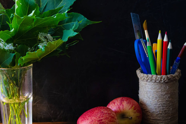 School background. Jars of pencils and school supplies, apples, maple leaves with flowers on the background of the blackboard. - Photo, Image