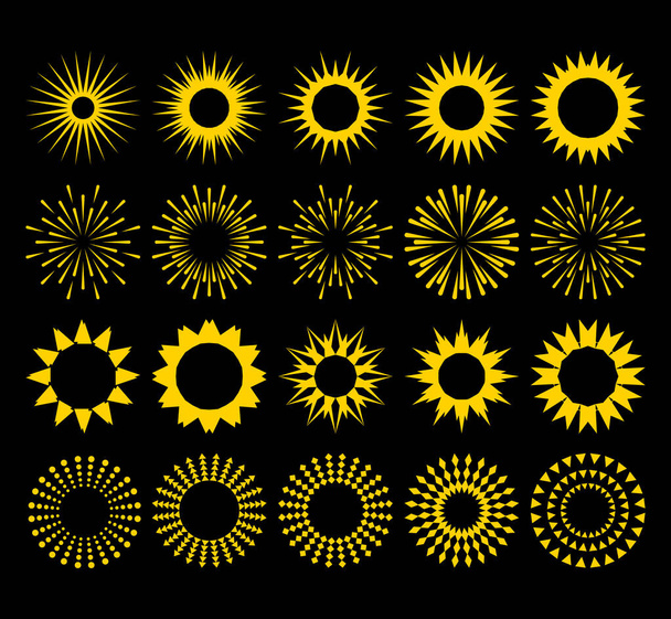 Collezione di forme di sole stilizzate. Set di giallo scoppio contorno alba, sunburst, fuochi d'artificio sul nero. Set di esplosione di luce vintage, elementi di design di raggi solari retrò. Jpeg - Foto, immagini