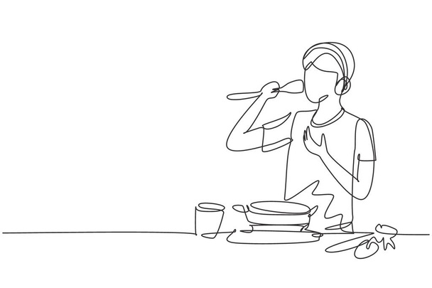Непрерывная линия рисунка красивого мужа начинает готовить семейный ужин, поющий как рок-звезда с кухонными принадлежностями и переполненным радостью музыкальным плейлистом. Векторная графическая иллюстрация - Вектор,изображение