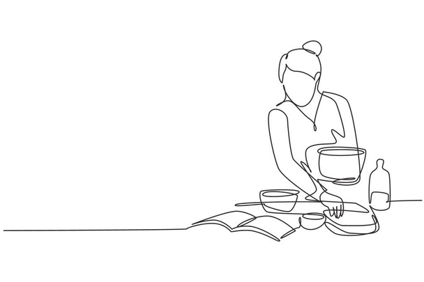 Single one line drawing beautiful woman cooking meal while reading tutorial book on cozy kitchen table at home. Healthy food lifestyle. Modern continuous line draw design graphic vector illustration - Διάνυσμα, εικόνα