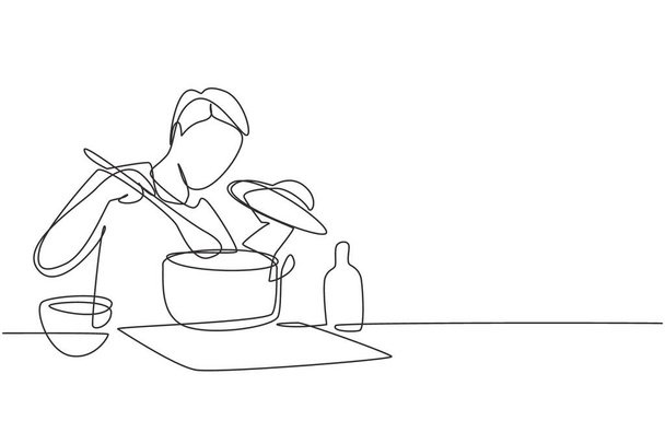Single one line drawing handsome husband enjoying smell of cooking from pot. Prepare food at cozy kitchen. Cooking at home. Healthy food. Modern continuous line draw design graphic vector illustration - Διάνυσμα, εικόνα