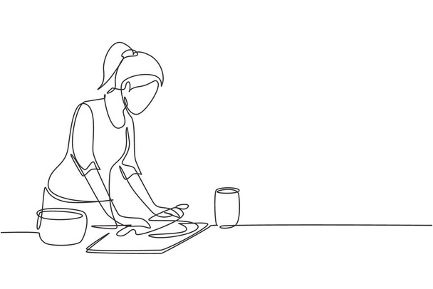 Single one line drawing young woman making cookie dough using rolling pin at kitchen table. Making bakery and homemade pizza at home. Modern continuous line draw design graphic vector illustration - Vektori, kuva