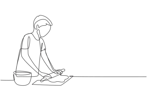 Single continuous line drawing young man making cookie dough using rolling pin at cozy kitchen table. Making bakery and homemade pizza at home. Dynamic one line draw graphic design vector illustration - Vector, afbeelding