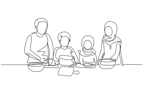 Single one line drawing beautiful young Arabian mom and her cute little daughter are playing and smiling while baking in kitchen at home. Modern continuous line draw design graphic vector illustration - Vektori, kuva