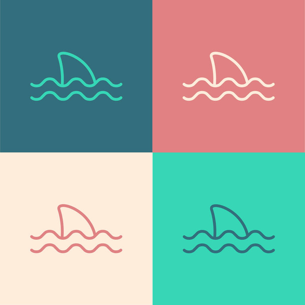 Pop art line Aleta de tiburón en el icono de la onda oceánica aislado en el fondo de color. Vector - Vector, Imagen