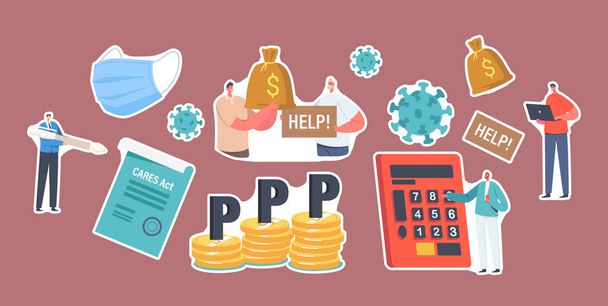 Set of Stickers PPP, Paycheck Protection Program. Business Characters, Mask, Money Pile, Cares Act and Calculator - Vettoriali, immagini