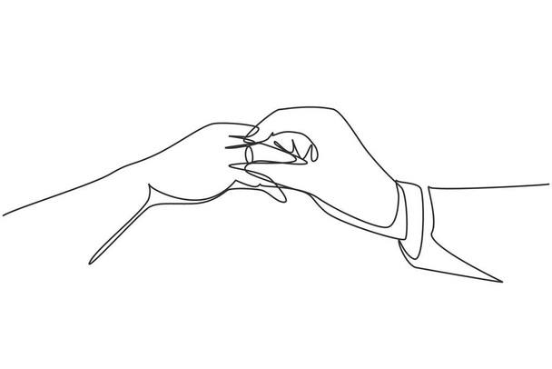 Continuous one line drawing groom putting ring on bride's finger during wedding ceremony. Bride and groom make vow of loyalty on their wedding day. Single line draw design vector graphic illustration - Vettoriali, immagini