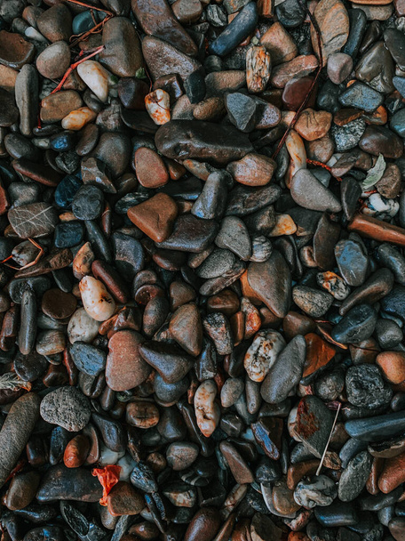 A vertical closeup shot of many wet pebbles - Fotoğraf, Görsel