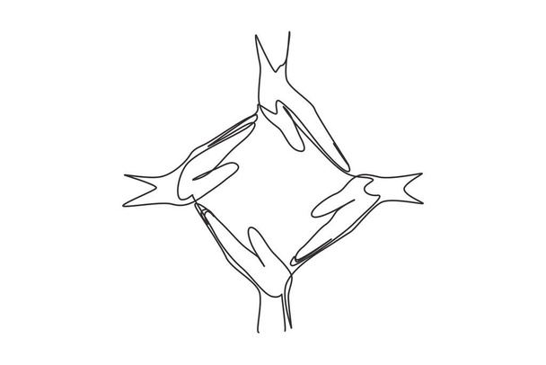 Continuous one line drawing four palm hands make square frame shape. Symbol of care, unity, sharing, trust. Communication with hand gestures. Single line draw design vector graphic illustration - Διάνυσμα, εικόνα